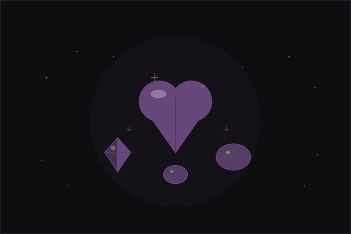 Crystals for love: a rose quartz heart with small plum stones on a dark flat lay beneath a crescent moon