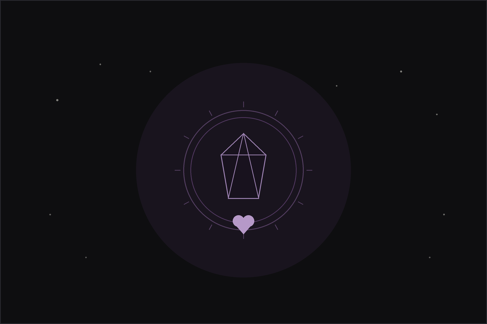 Crystals for protection and healing: a grounding crystal ringed by a protective plum boundary with a small heart, under a crescent moon.