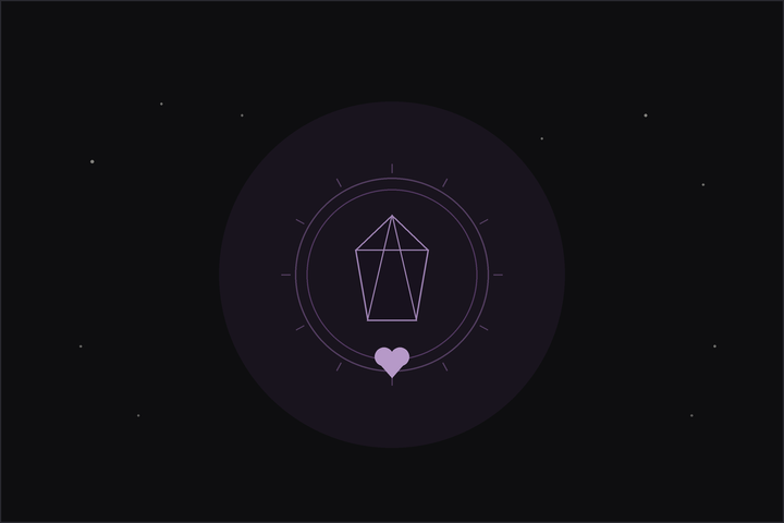 Crystals for protection and healing: a grounding crystal ringed by a protective plum boundary with a small heart, under a crescent moon.