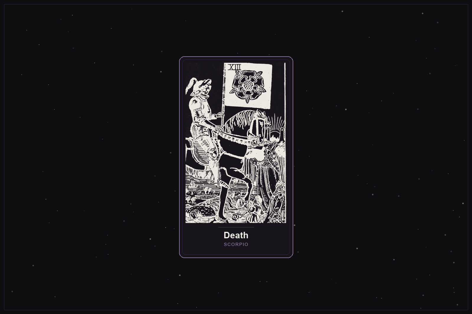 Death tarot card in the Lunar Haus style: the classic Rider-Waite Death card rendered as off-white outlines on a dark, starlit card with a plum frame