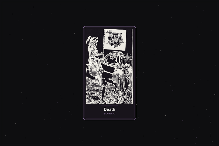 Death tarot card in the Lunar Haus style: the classic Rider-Waite Death card rendered as off-white outlines on a dark, starlit card with a plum frame