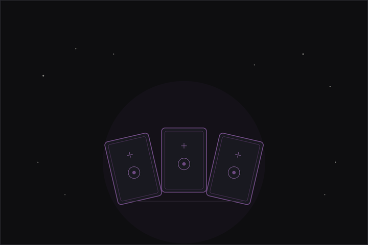 Decision tarot spread: three tarot cards laid as a choice beneath a crescent moon