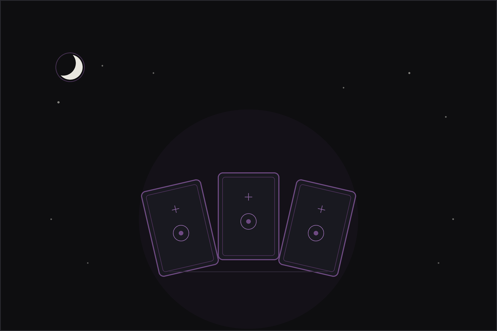 Decision tarot spread: three tarot cards laid as a choice beneath a crescent moon