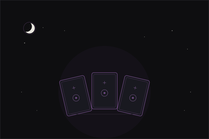 Decision tarot spread: three tarot cards laid as a choice beneath a crescent moon