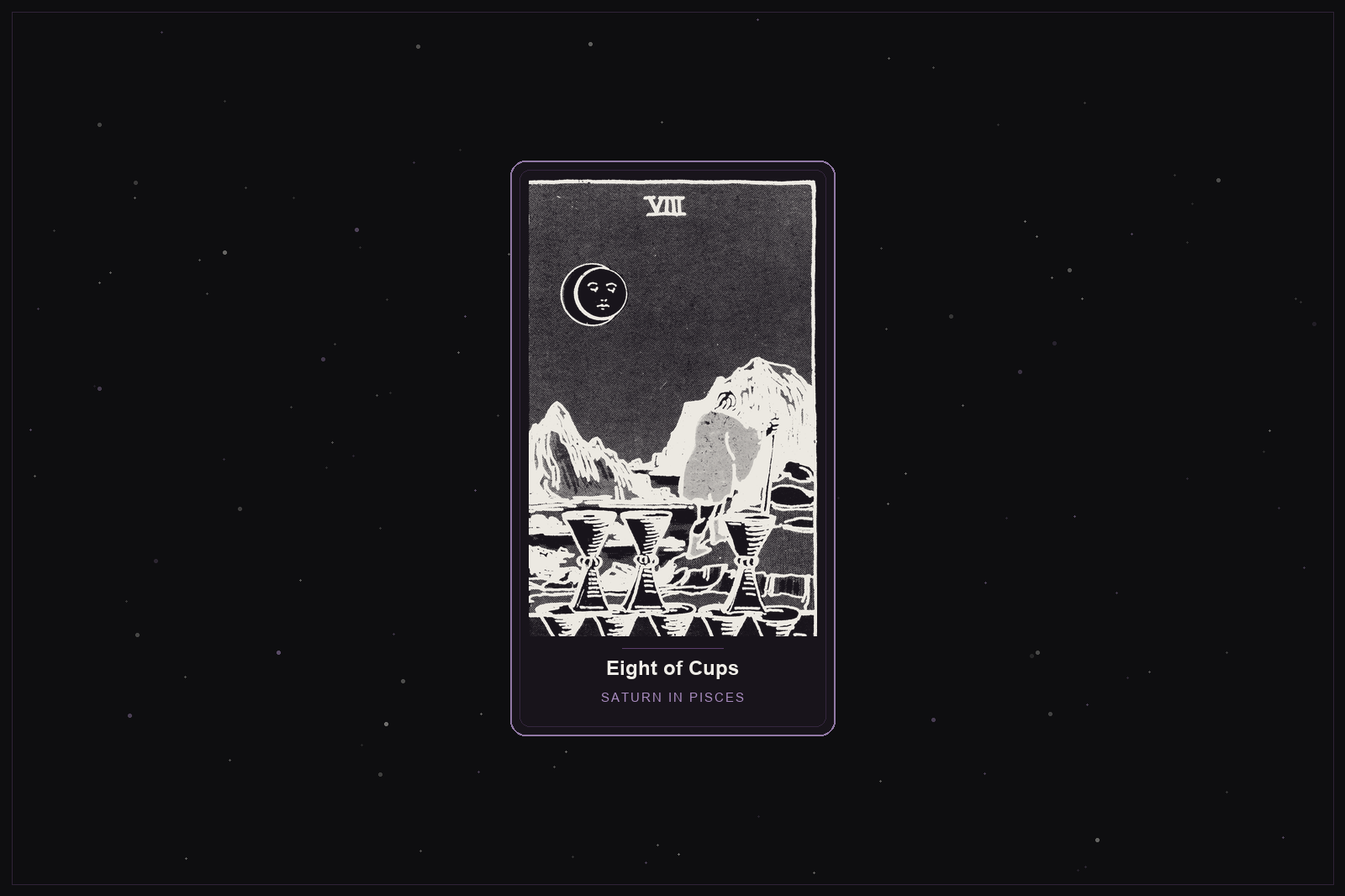 Eight of Cups tarot card in the Lunar Haus style: the classic Rider-Waite Eight of Cups, a figure walking away from eight cups under the moon, rendered as off-white outlines on a dark, starlit card with a plum frame