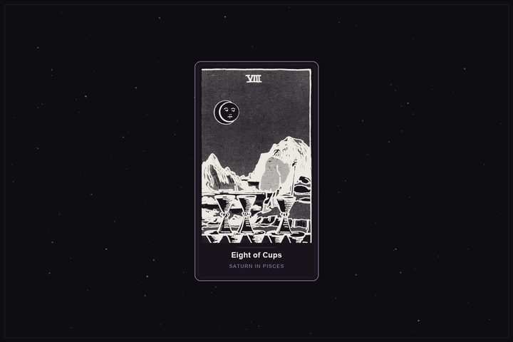 Eight of Cups tarot card in the Lunar Haus style: the classic Rider-Waite Eight of Cups, a figure walking away from eight cups under the moon, rendered as off-white outlines on a dark, starlit card with a plum frame