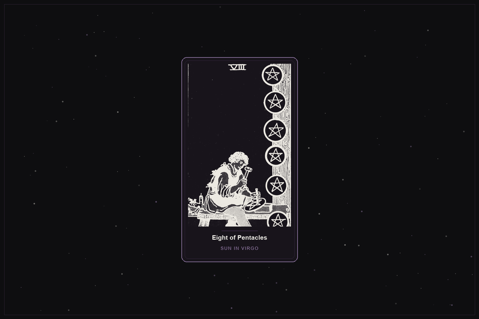 Eight of Pentacles tarot card in the Lunar Haus style: the classic Rider-Waite Eight of Pentacles, a craftsman carving coins, rendered as off-white outlines on a dark, starlit card with a plum frame