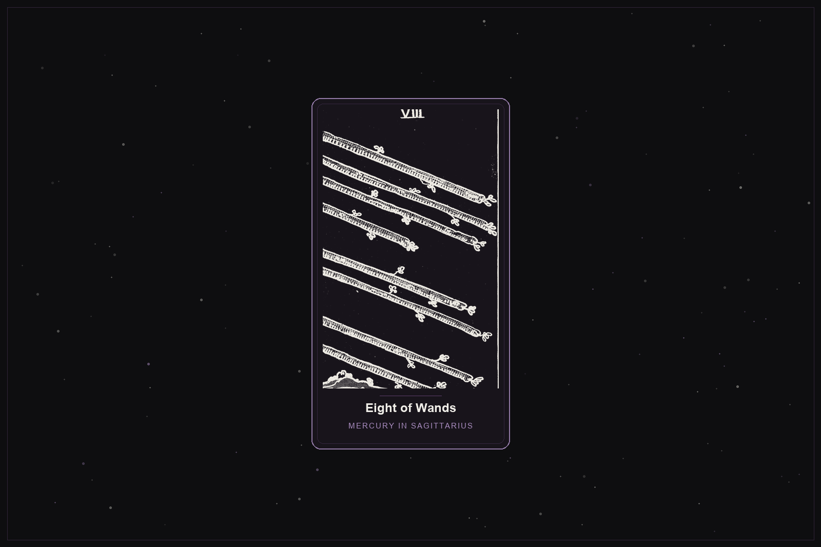 Eight of Wands tarot card in the Lunar Haus style: the classic Rider-Waite Eight of Wands, eight staves in flight, rendered as off-white outlines on a dark, starlit card with a plum frame