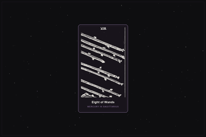 Eight of Wands tarot card in the Lunar Haus style: the classic Rider-Waite Eight of Wands, eight staves in flight, rendered as off-white outlines on a dark, starlit card with a plum frame