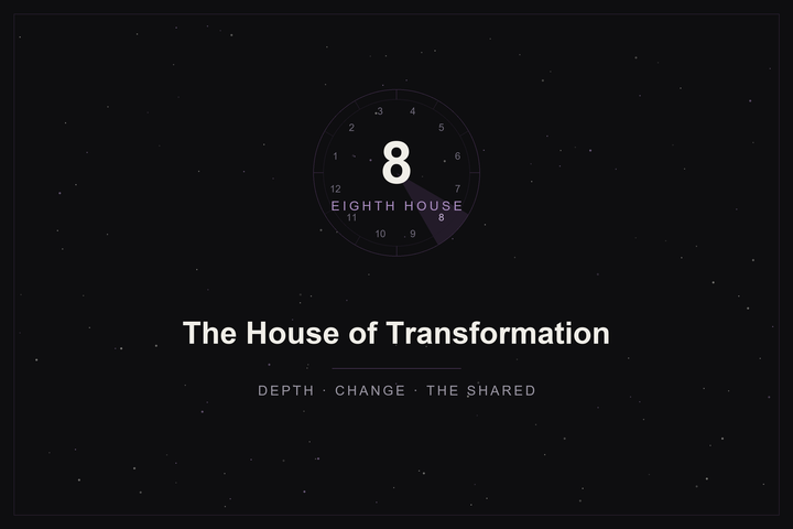 Eighth house in astrology: the house of transformation highlighted in plum on a twelve-house wheel over a starlit sky