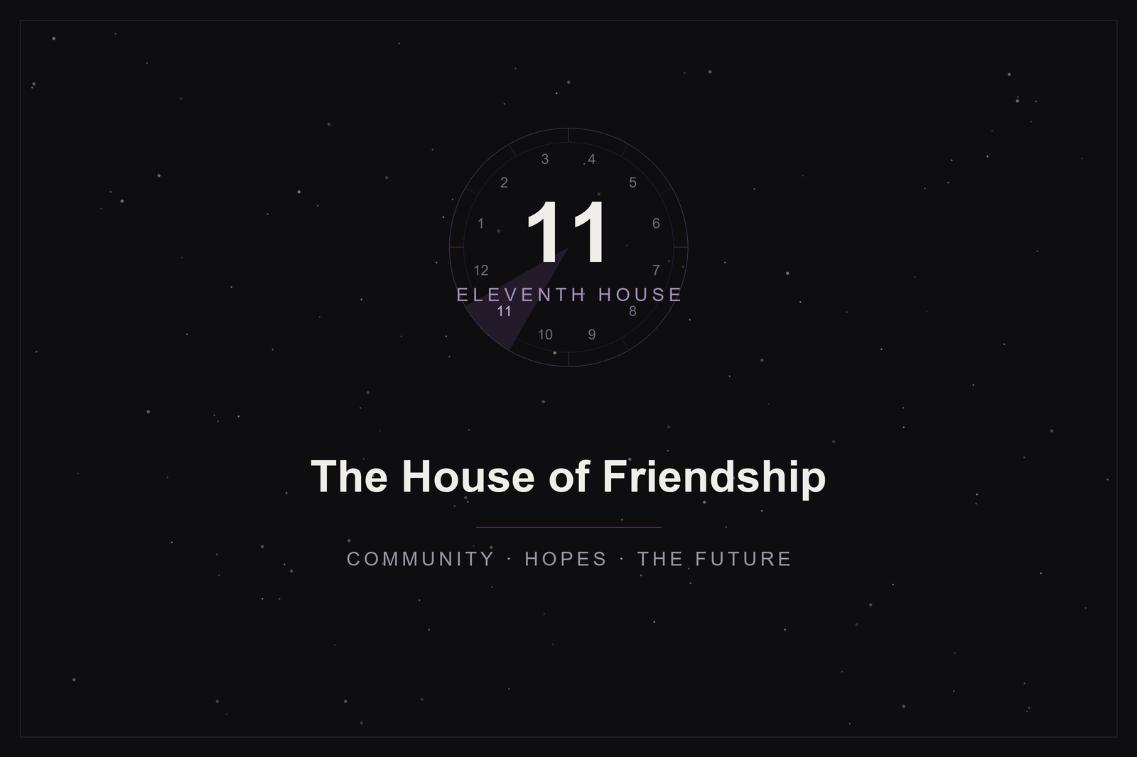 Eleventh house in astrology: the house of friendship highlighted in plum on a twelve-house wheel over a starlit sky