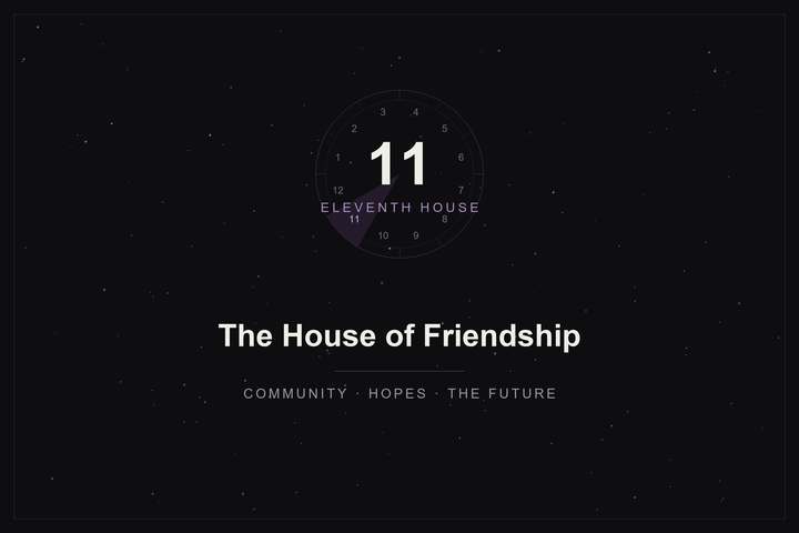 Eleventh house in astrology: the house of friendship highlighted in plum on a twelve-house wheel over a starlit sky