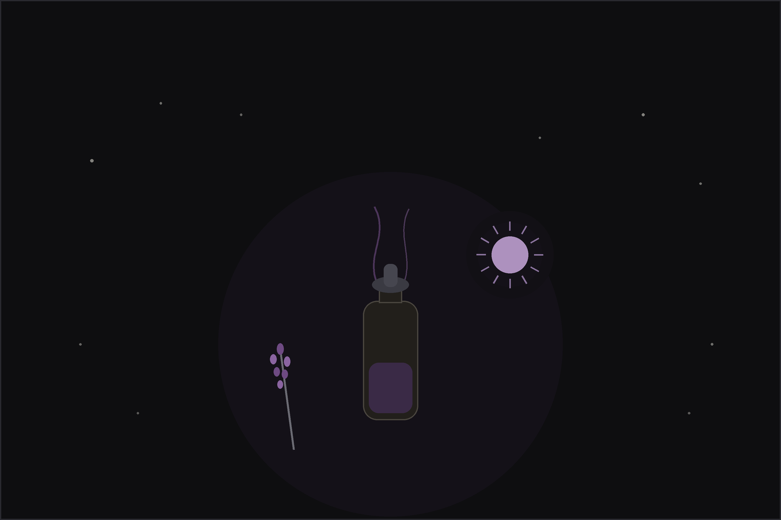 Essential oils for anxiety and depression: a bottle of oil between a lavender sprig and a small glowing light, calm and lift, under a crescent moon