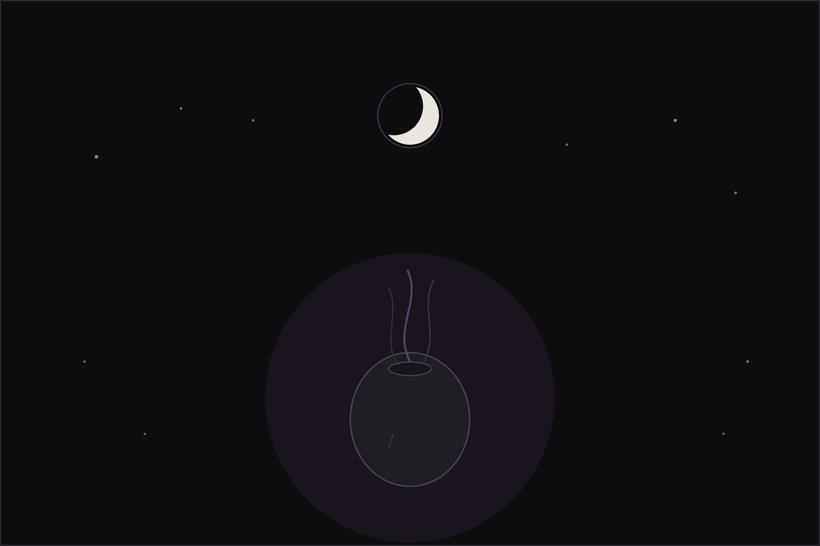 Essential oils blend for relaxation: a diffuser with soft plum mist rising beneath a crescent moon
