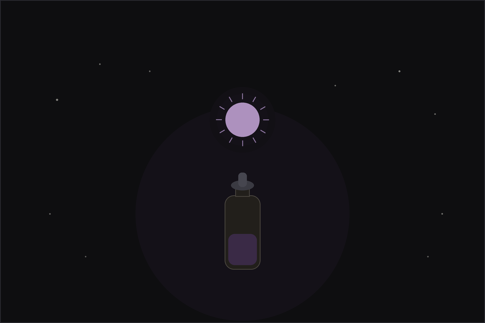 Essential oils for depression: a bottle of oil beneath a soft glowing light with gentle rays, a small lift of hope, under a crescent moon