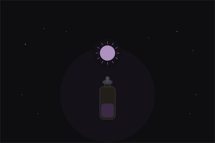 Essential oils for depression: a bottle of oil beneath a soft glowing light with gentle rays, a small lift of hope, under a crescent moon
