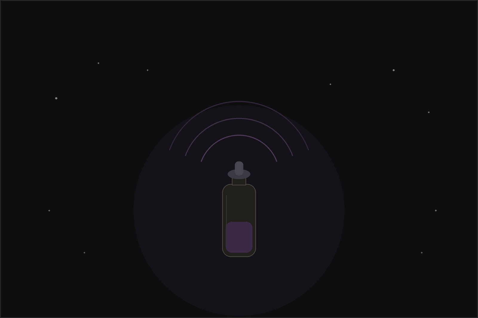 Essential oils for panic attacks: a dropper bottle with gentle calming waves radiating upward, a grounding scent under a crescent moon.