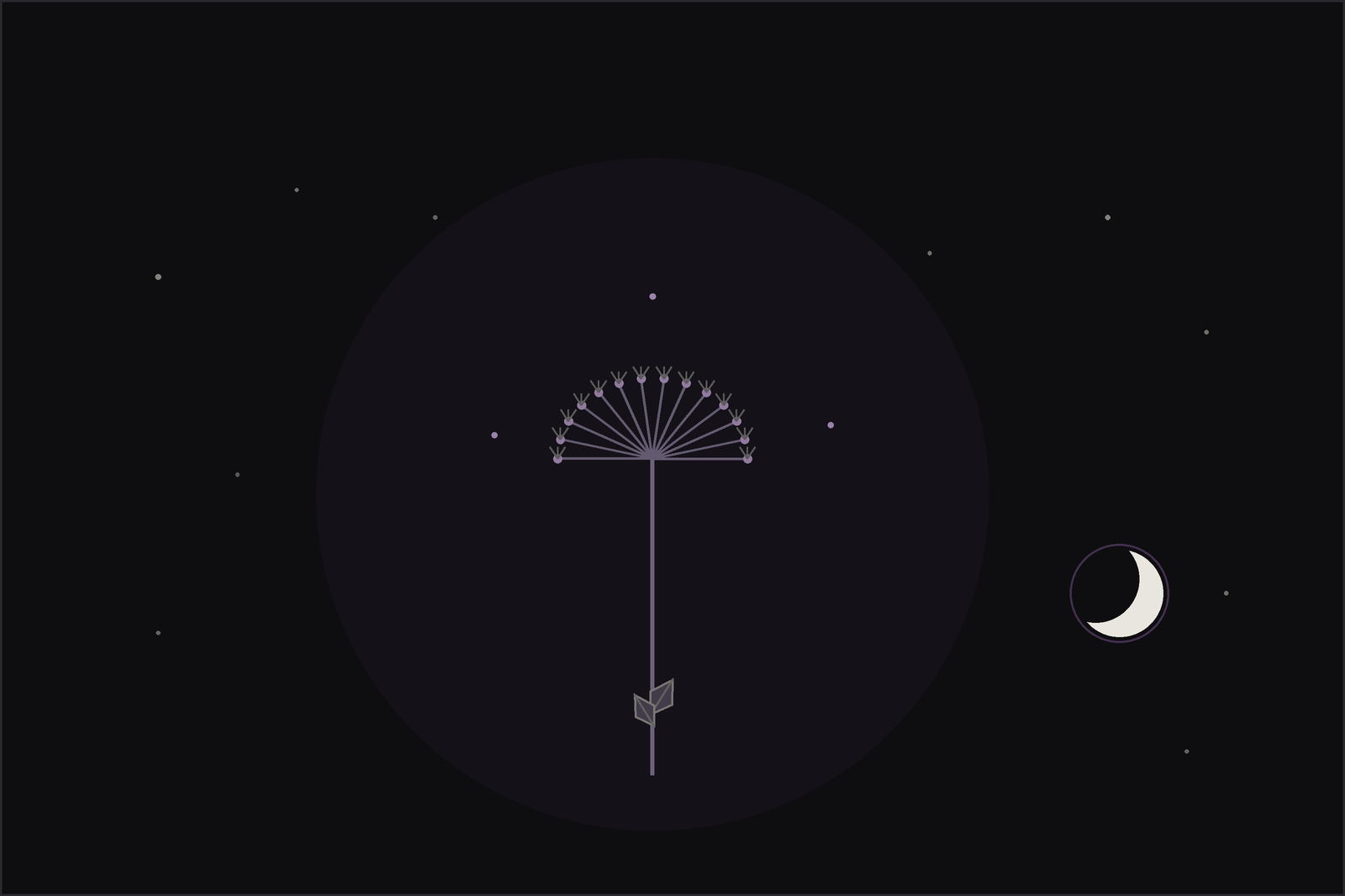 Fennel meaning and uses: feathery fennel fronds and golden seed umbels beneath a crescent moon, in the Lunar Haus style