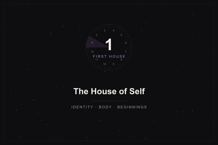 First house in astrology: the house of self highlighted in plum on a twelve-house wheel over a starlit sky