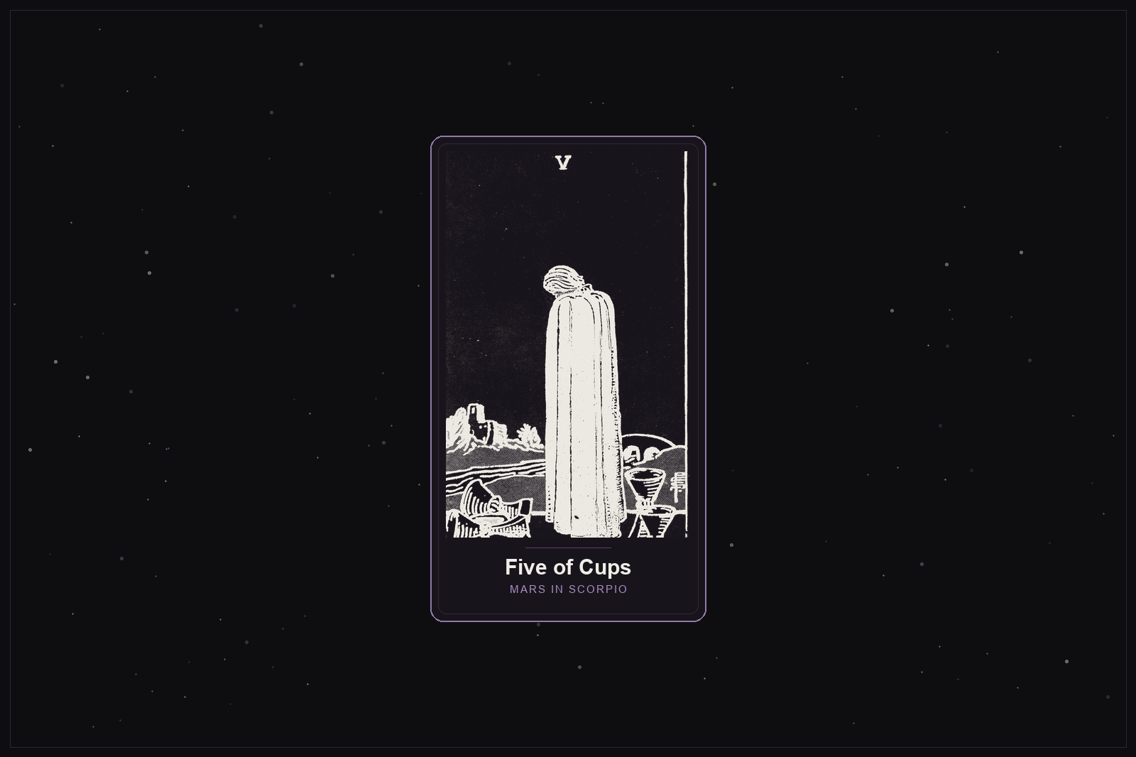 Five of Cups tarot card in the Lunar Haus style: the classic Rider-Waite Five of Cups, a cloaked figure and spilled cups, rendered as off-white outlines on a dark, starlit card with a plum frame