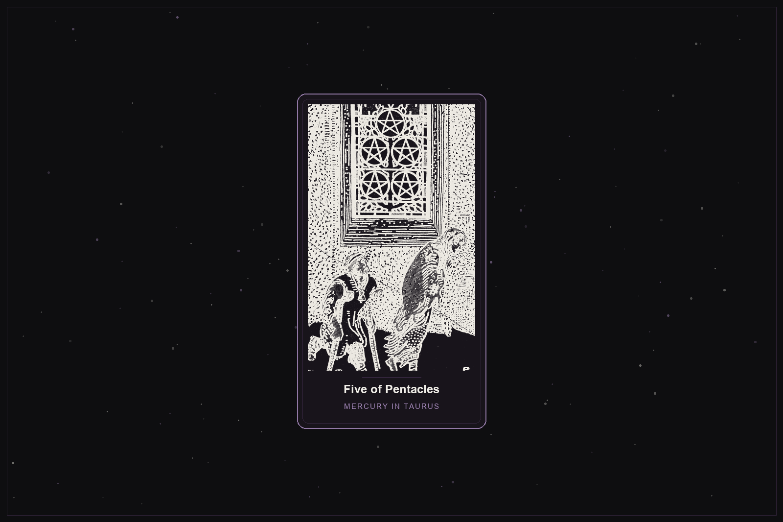 Five of Pentacles tarot card in the Lunar Haus style: the classic Rider-Waite Five of Pentacles, two figures in the snow past a lit window, rendered as off-white outlines on a dark, starlit card with a plum frame