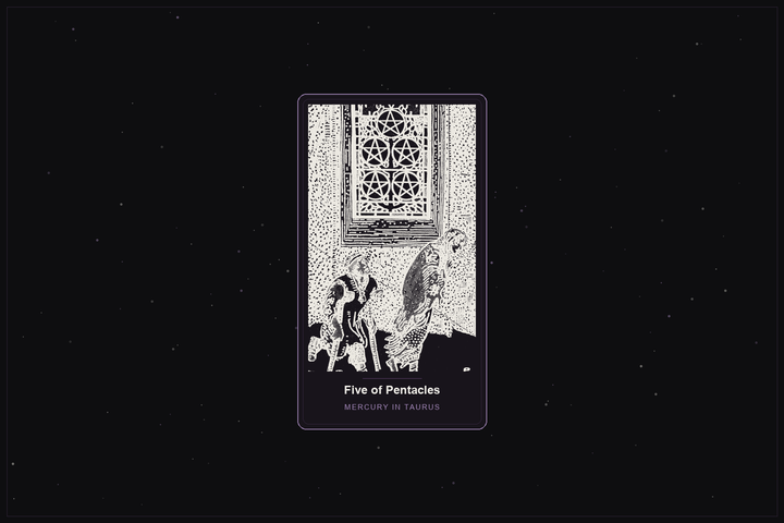 Five of Pentacles tarot card in the Lunar Haus style: the classic Rider-Waite Five of Pentacles, two figures in the snow past a lit window, rendered as off-white outlines on a dark, starlit card with a plum frame