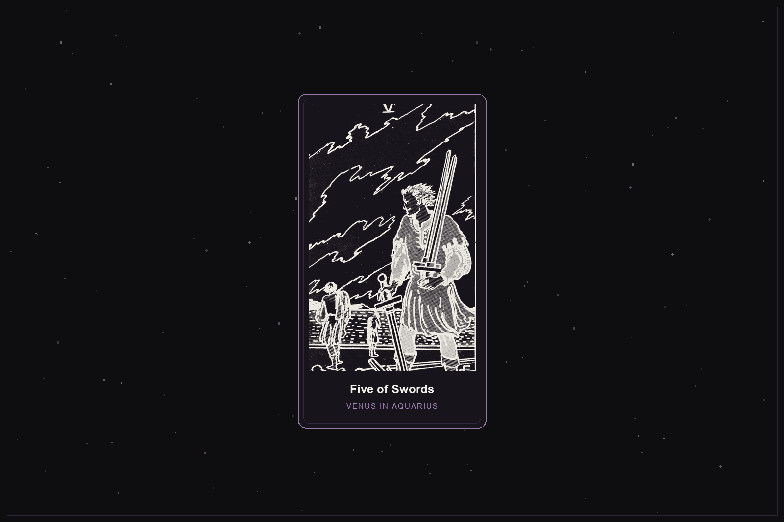 Five of Swords tarot card in the Lunar Haus style: the classic Rider-Waite Five of Swords, a figure gathering swords as others retreat, rendered as off-white outlines on a dark, starlit card with a plum frame
