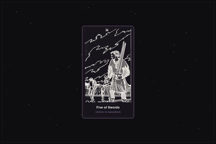 Five of Swords tarot card in the Lunar Haus style: the classic Rider-Waite Five of Swords, a figure gathering swords as others retreat, rendered as off-white outlines on a dark, starlit card with a plum frame