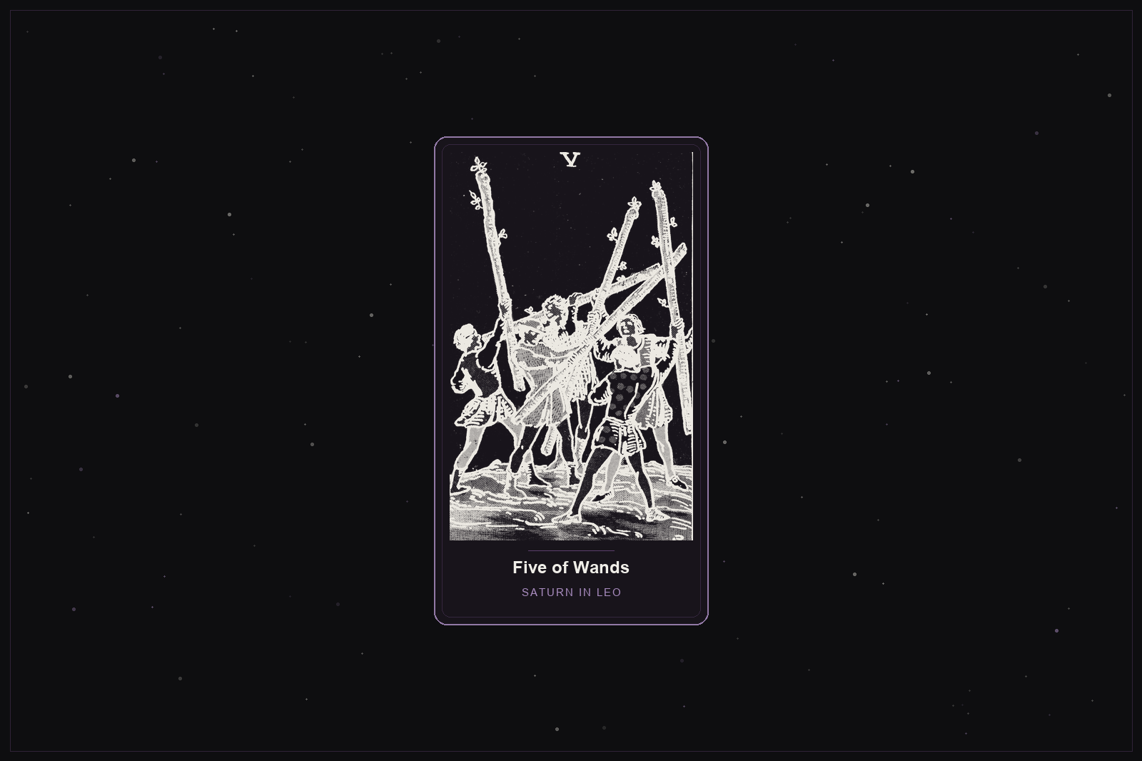 Five of Wands tarot card in the Lunar Haus style: the classic Rider-Waite Five of Wands, five youths brandishing staves, rendered as off-white outlines on a dark, starlit card with a plum frame