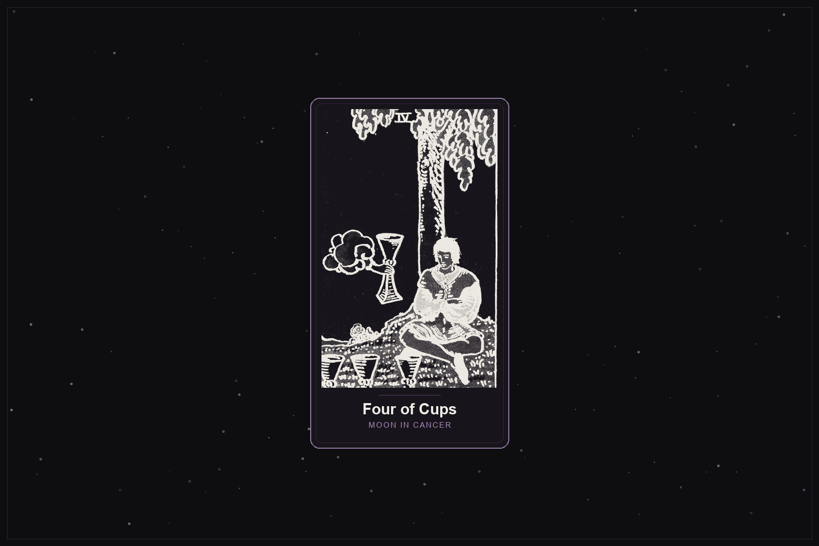 Four of Cups tarot card in the Lunar Haus style: the classic Rider-Waite Four of Cups, a figure under a tree contemplating cups, rendered as off-white outlines on a dark, starlit card with a plum frame