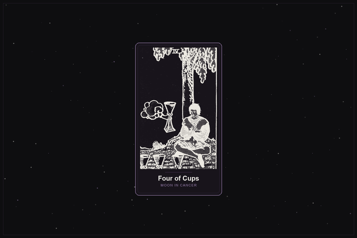 Four of Cups tarot card in the Lunar Haus style: the classic Rider-Waite Four of Cups, a figure under a tree contemplating cups, rendered as off-white outlines on a dark, starlit card with a plum frame