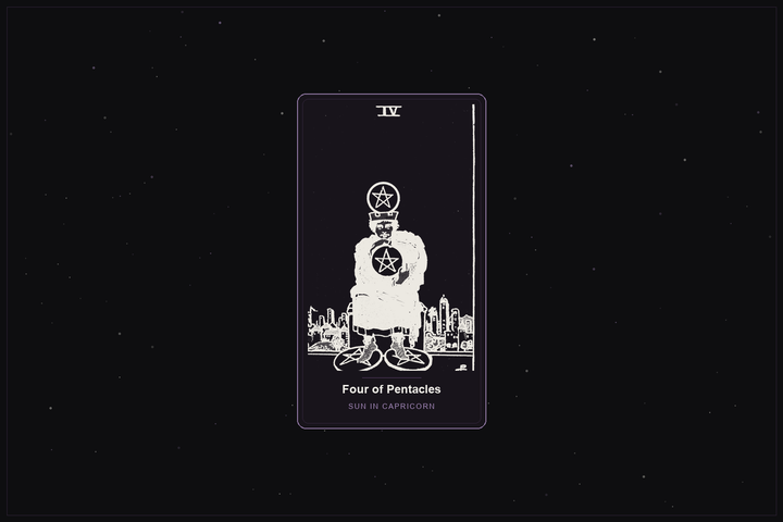Four of Pentacles tarot card in the Lunar Haus style: the classic Rider-Waite Four of Pentacles, a figure clutching coins, rendered as off-white outlines on a dark, starlit card with a plum frame