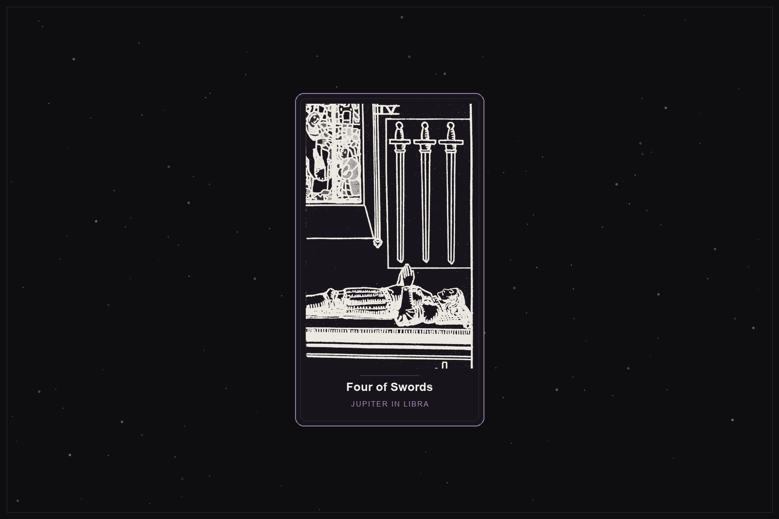 Four of Swords tarot card in the Lunar Haus style: the classic Rider-Waite Four of Swords, a resting figure on a tomb, rendered as off-white outlines on a dark, starlit card with a plum frame