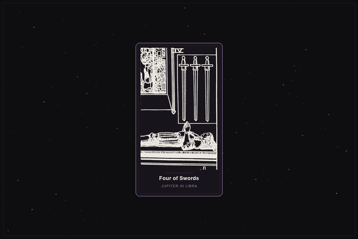 Four of Swords tarot card in the Lunar Haus style: the classic Rider-Waite Four of Swords, a resting figure on a tomb, rendered as off-white outlines on a dark, starlit card with a plum frame