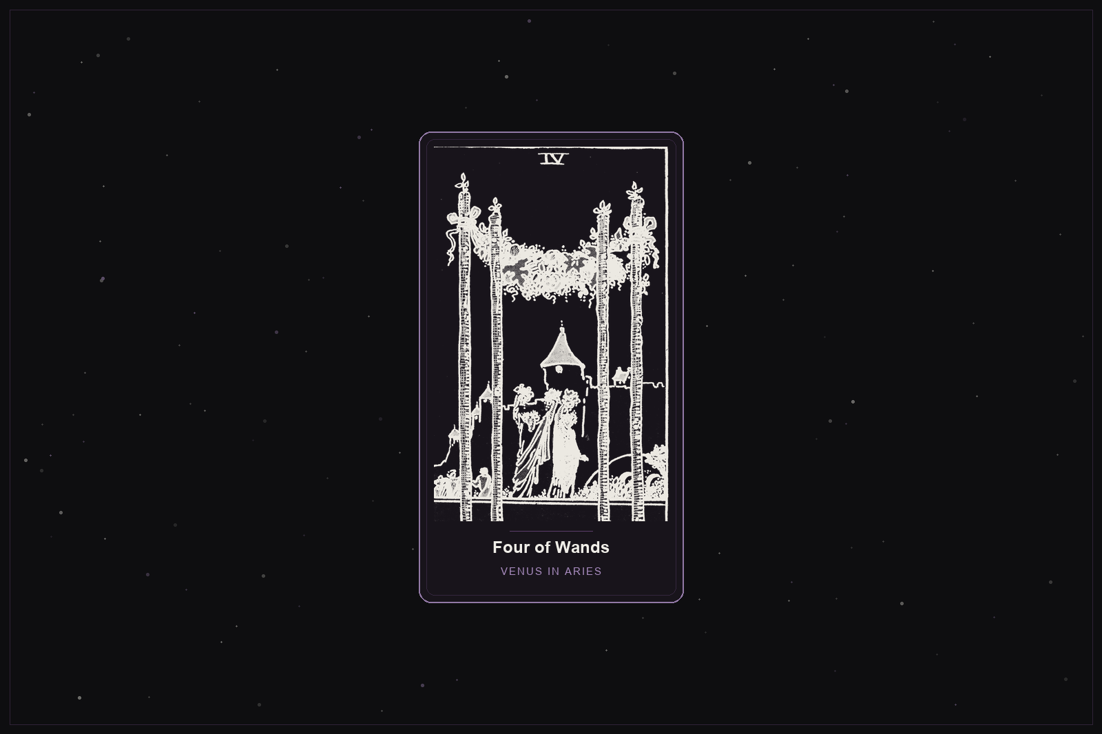 Four of Wands tarot card in the Lunar Haus style: the classic Rider-Waite Four of Wands, a garland strung between four staves, rendered as off-white outlines on a dark, starlit card with a plum frame