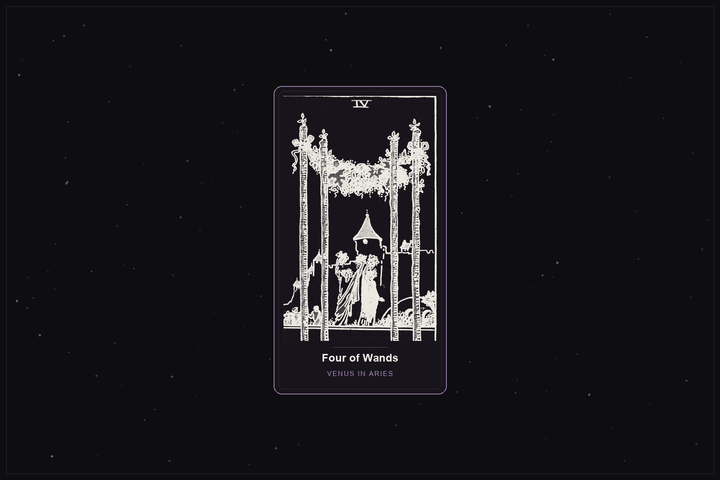 Four of Wands tarot card in the Lunar Haus style: the classic Rider-Waite Four of Wands, a garland strung between four staves, rendered as off-white outlines on a dark, starlit card with a plum frame