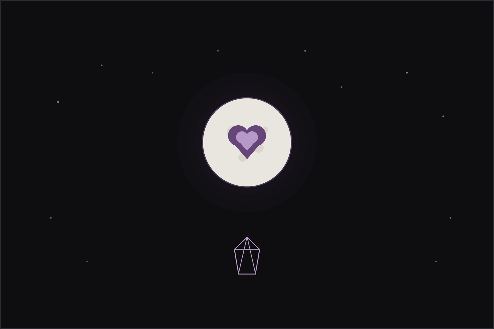 Full moon love spell for self love: a plum heart glowing within a full moon above a piece of rose quartz.