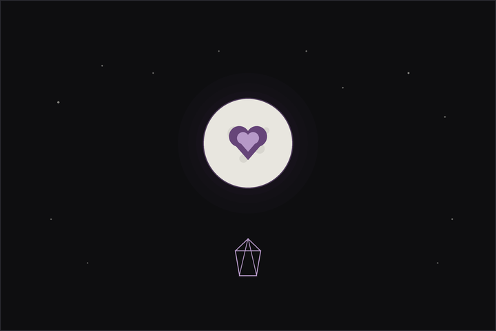 Full moon love spell for self love: a plum heart glowing within a full moon above a piece of rose quartz.