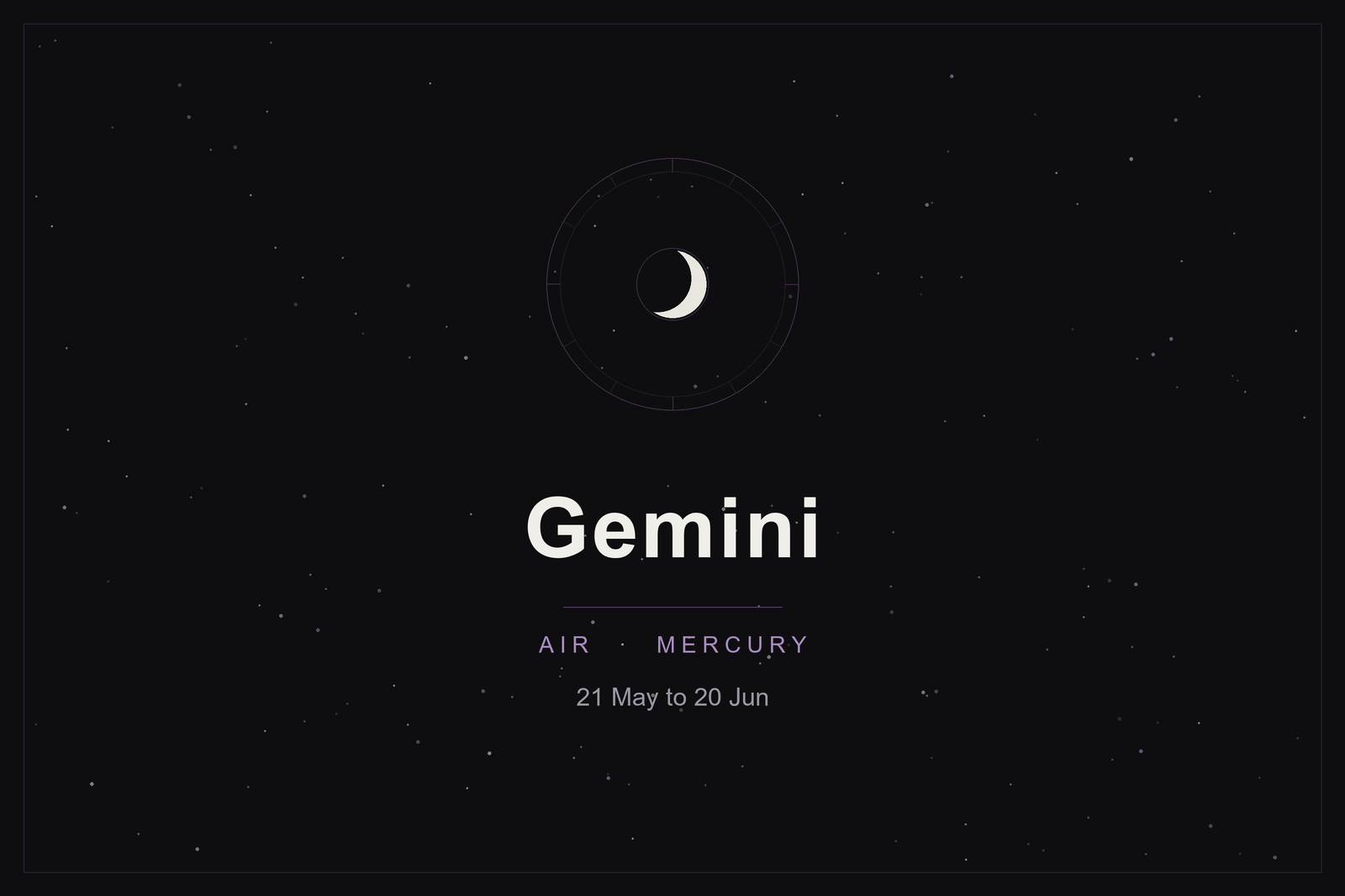 Gemini star sign: the twins' zodiac wheel and a crescent moon over a dark, starlit sky