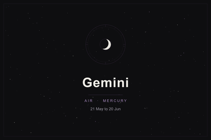 Gemini star sign: the twins' zodiac wheel and a crescent moon over a dark, starlit sky