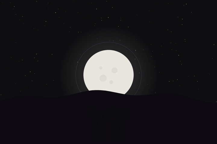 Harvest Moon: a large low full moon rising behind rolling hills and wheat