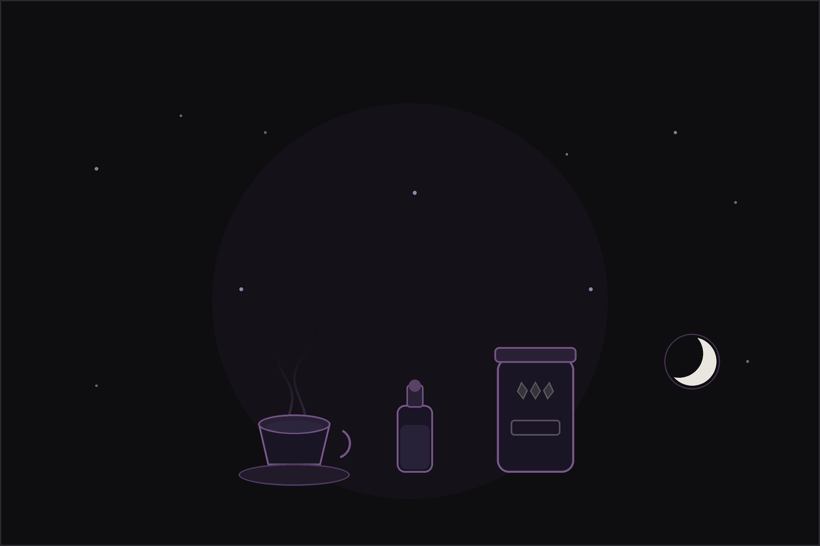 A calm apothecary table with a teapot, dropper bottles, a salve tin and dried herbs in the Lunar Haus style