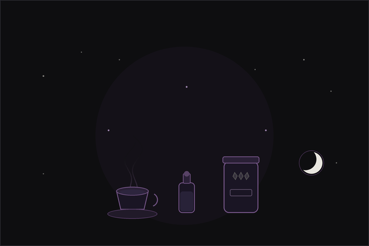 A calm apothecary table with a teapot, dropper bottles, a salve tin and dried herbs in the Lunar Haus style