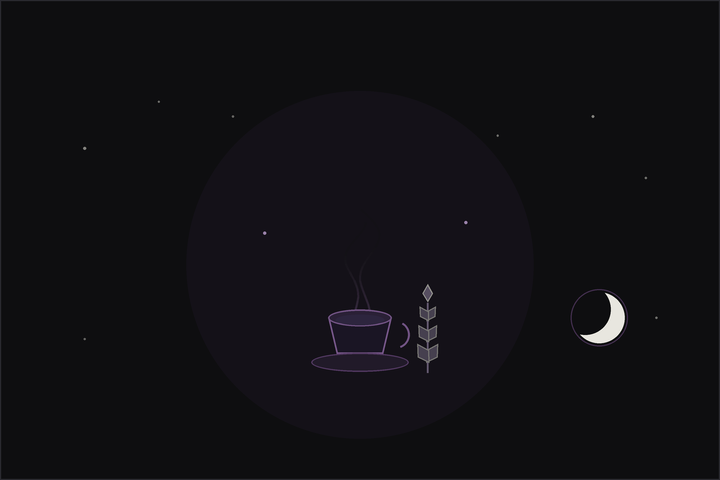 A warm cup of herbal tea with loose dried chamomile, lavender and mint on a dark table in the Lunar Haus style