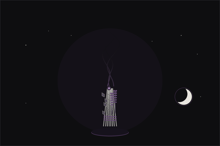 Herbs for smoke cleansing: a bound bundle of mixed garden herbs smouldering in a dish beneath a crescent moon, in the Lunar Haus style