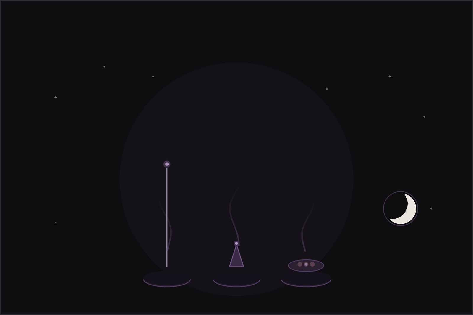 How to burn incense: sticks, cones and a bowl of resin with rising smoke, in the Lunar Haus style