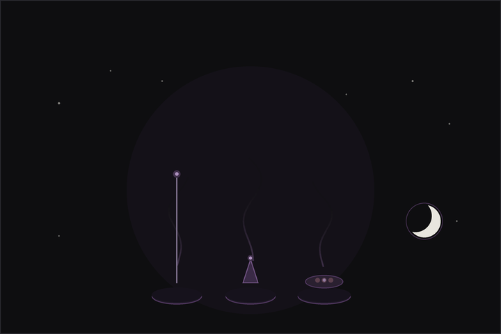 How to burn incense: sticks, cones and a bowl of resin with rising smoke, in the Lunar Haus style
