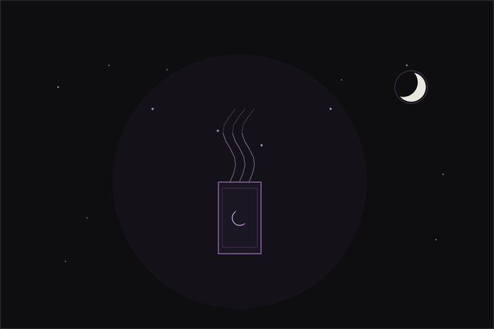 A tarot deck resting on a windowsill with a wisp of incense smoke while being cleansed, in the Lunar Haus style