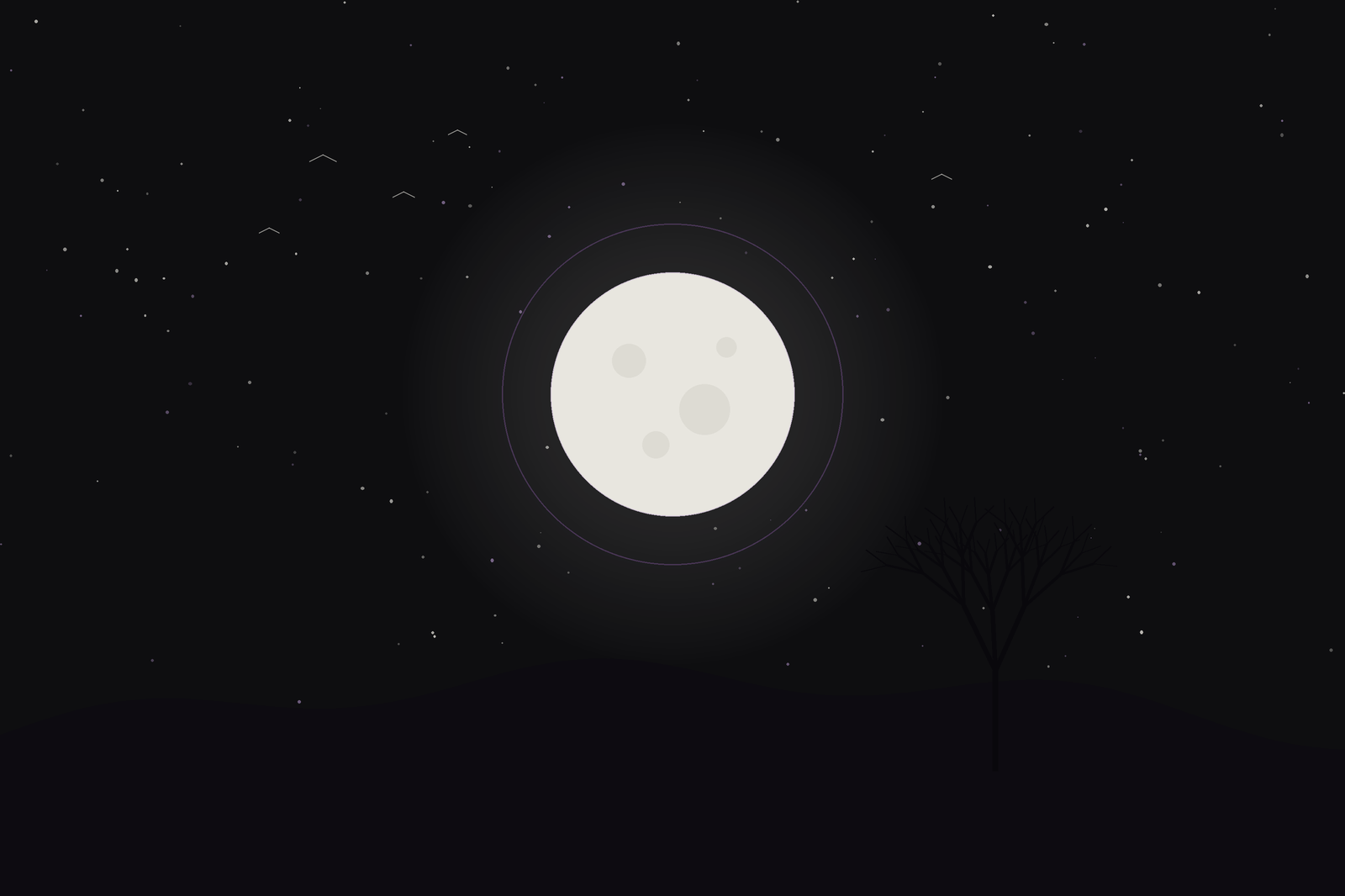 Hunter's Moon: a full moon over autumn hills with a bare tree and a flock of birds