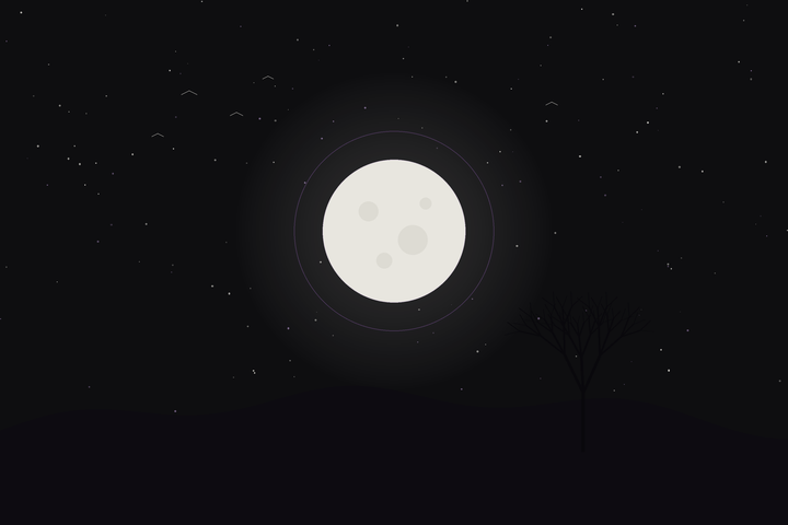 Hunter's Moon: a full moon over autumn hills with a bare tree and a flock of birds